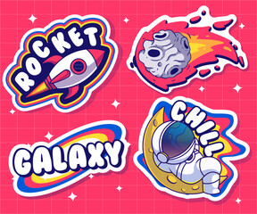 Cute cartoon character sticker pack. Vector comic illustration of astronaut,rocket, meteor, moon, on separate layers.