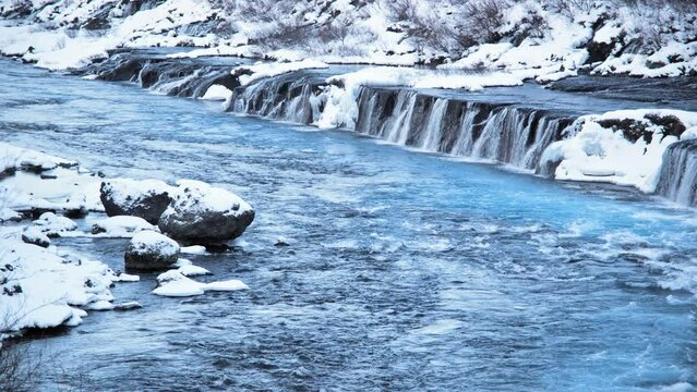 Waterfall Iceland Snow Ice Mountain Cold River Winter Blue Glacial Water Magical Landscape Tourist Travel Huge Current Scenic Hraunfossar