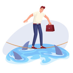 Businessman walking on tightrope over water with sharks vector illustration. Cartoon risk taker on rope over danger, balance walk of man over financial crisis and obstacle to career and efficiency