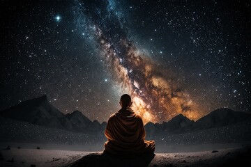 Naklejka na ściany i meble illustration, buddhist monk meditating under the starry sky, ai generative
