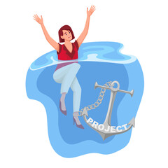 Business person drowning in water vector illustration. Cartoon businesswoman connected by chain to anchor of bad business project, stress of woman sinking under weight of guilt and waste ideas