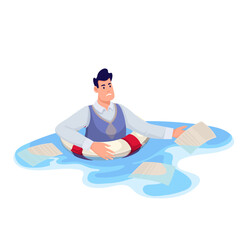 Business person floating in water in lifebuoy to survive vector illustration. Cartoon sad man drowning, holding paper document in hand, desperate businessman in need of help and support in stress