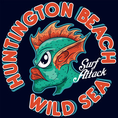 Monster of sea with text huntington beach Wild Sea college design, Surf Attack California beach, Illustration sea monster.