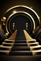 illustration, black and gold award background, podium, generative ai