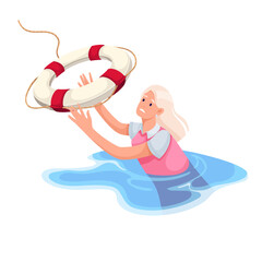 Woman catching lifeline for rescue vector illustration. Cartoon girl falling in sea water and holding rescue lifebuoy to save life, accident of female entrepreneur drowning in financial crisis - obrazy, fototapety, plakaty