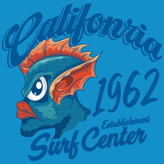 Fototapeta premium Monster of sea with text California Beach Surf Center Wild Sea college design, Surf Attack California beach, Illustration sea monster.