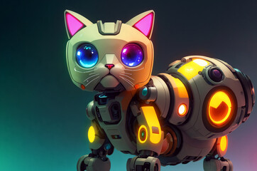 Plakat Robot cat. Cute robot pussycat in bright colors. Concept of modern world, toy animal. Generative AI.