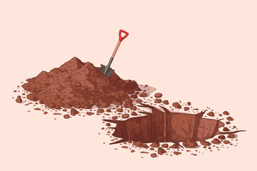 Dig a hole. Vector illustration. Drawing of a hole in the ground, a pile of soil, stones and a shovel. Excavation. Deep hole. Archeology and search. To plant a tree. Water well in the desert - obrazy, fototapety, plakaty