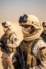 Fototapeta premium Soldiers squad with fully equipped and armed in a military operation in the scorching desert, generative AI