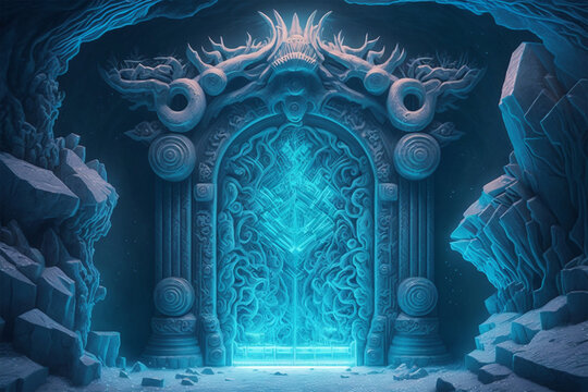 Winter fantasy epic cavern portal detailed door entrance game design background made by generative ai