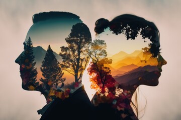double exposure of bride and groom, forest and the spectacular colorful nature background, AI generated