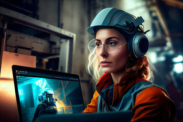 Warehouse worker with helmet typing and entering data in her laptop while smiling at it. Generative AI. 3