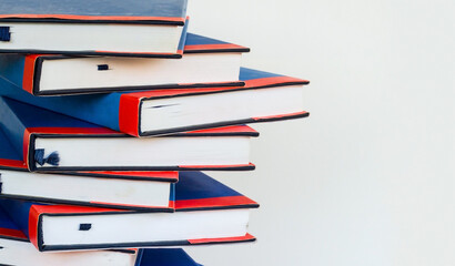 Hard cover books stacked on white surface with copy space,education concept