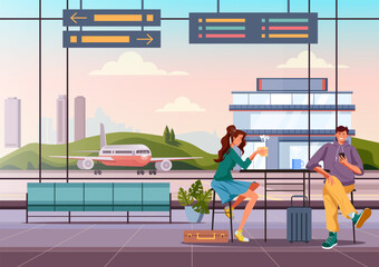 Airplane terminal interior concept. Tourist people characters waiting departure. Vector graphic design illustration