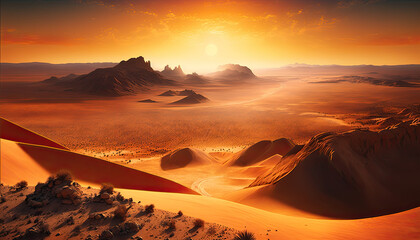 Fototapeta na wymiar A panoramic view of a vast, barren desert landscape at sunset, with the orange sky stretching out as far as the eye can see, Rank 1 National Geographic, sunset, sky, mountain, landscape, sunrise, sun