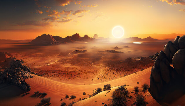 A panoramic view of a vast, barren desert landscape at sunset, with the orange sky stretching out as far as the eye can see, Rank 1 National Geographic, sunset, sky, mountain, landscape, sunrise, sun