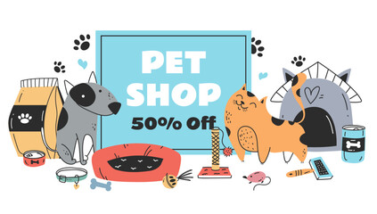 Pet shop sale discount banner poster concept. Animal pets zoo store with food, toys. Vector graphic design illustration element 
