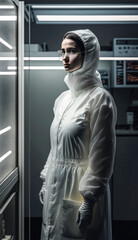 Female nurse wearing a white protection suit and glasses in a covid-19 and flu test facility