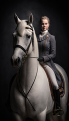 Fototapeta na wymiar Equstrian rider in an elegant grey uniform sitting on a white horse in a dramatic portrait with a dark grey background