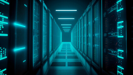 Fototapeta premium Modern server and data storage room with a corridor lit up by blue ambient light in a computing technology concept