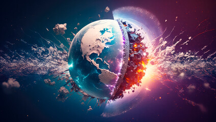 Earth colliding with the metaverse in a large explotion in a colorful futuristic space scene © Polarpx