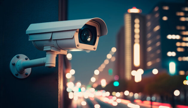 Surveillance camera hanging on a wall at a street in a big city at night with bokeh lights in the background