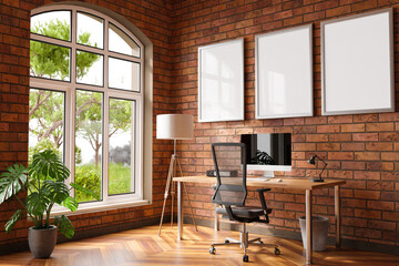 comfortable workplace with pc on wooden desk in office at home; bright sunlight from side large window and wall; canvas copy space;  remote work freelance; 3D Illustration