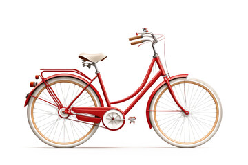 The bicycle is isolated on a white background. The red classic bicycle is isolated on a white plain background. Generative AI.