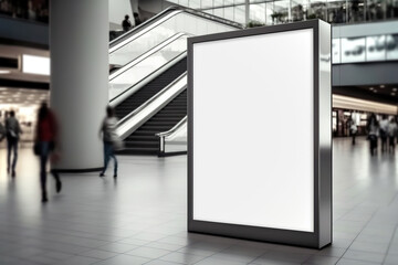 Naklejka premium public shopping center mall or business center advertisement board space as empty blank white mockup signboard with copy space area - Generative AI
