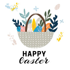 Easter basket with painted eggs, flowers and lettering isolated on white background. Happy Easter banner, poster, greeting card. Trendy vector design in cartoon style. Wealth and religion symbol.