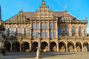 Marktplatz or market square in the historical centre of the medieval Hanseatic City of Bremen,...