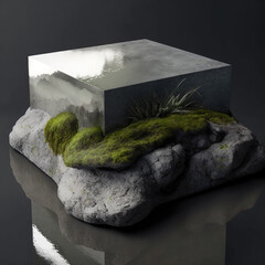 silver and grey clouds over a mossy pond podium, empty showcase for packaging product presentation. AI generation.