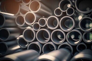 illustration, gray industrial steel pipes with blurred background, ai generative