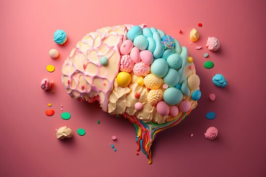 Studio photo of a human brain made of sweets , concept of Brain Model and Food Art, created with Generative AI technology
