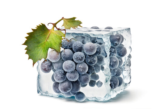 Freezing fruit. Ripe blue grapes in an ice cube on a white background. Preservation of fruit in winter by freezing. Generative AI
