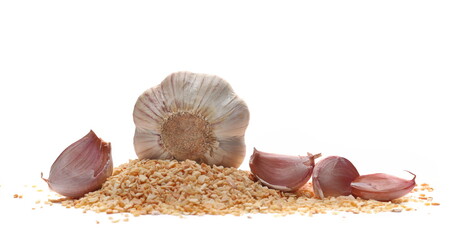 Pile chopped dry garlic, bulb and clove isolated on white 
