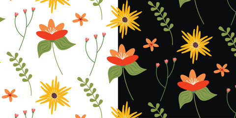 Beautiful flower collection of abstract seamless patterns with leaves, floral bouquets, flower compositions. Vector design for different surfases