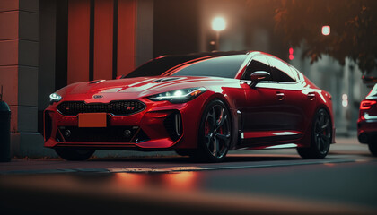 Plakat A red sports car parked in front of a building. background wallpaper illustration. generative ai