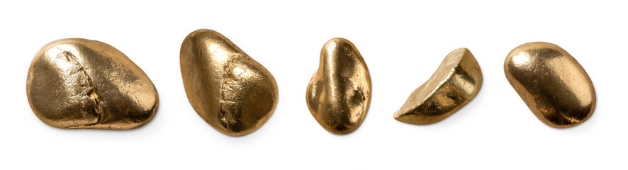 Fototapeta set of five golden / gilt pebbles, isolated design elements obraz
