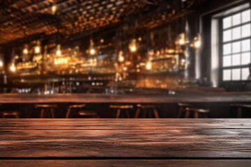 Empty wooden table in front of abstract blurred cafe bar or restaurant bokeh background. Front view, free space for your product.