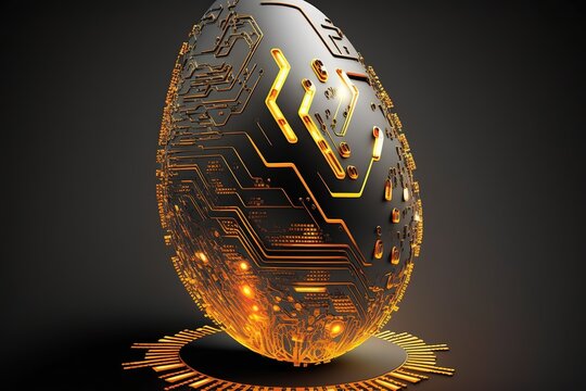 Digital egg in tech futuristic style. Greeting card with abstract 3d egg with circuit board texture. Glowing vector illustration