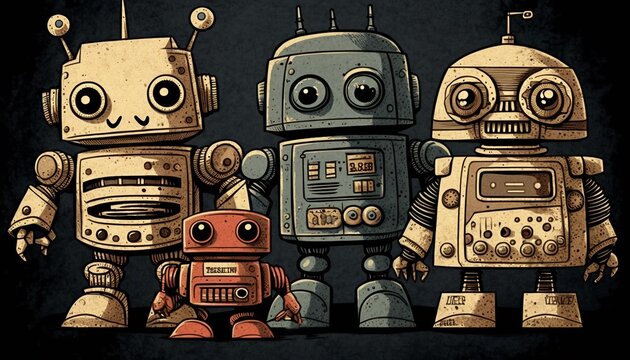 Ink Drawing Style Illustration of Vintage Toy Robot Friends. Antique Tin Robot Team. [Storybook, Fantasy, Historic, Cartoon Scene. Graphic Novel, Anime, Comic, or Manga Illustration.]