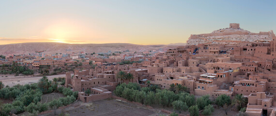 Panoramic view of of Ksar of Ait Ben Haddou (Ait Benhaddou)at sunset in Morocco