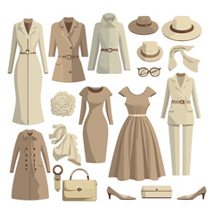 Set of women's clothing in beige colors. Vector stock illustration eps10.