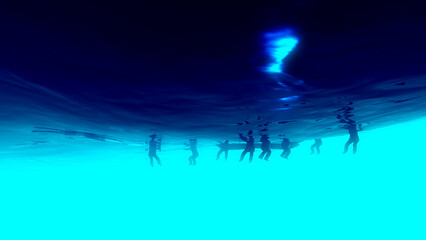 Fototapeta na wymiar Refugees at sea asking for help, migrants crossing the sea on small boats. Underwater view of people swimming for their lives, 3d rendering 