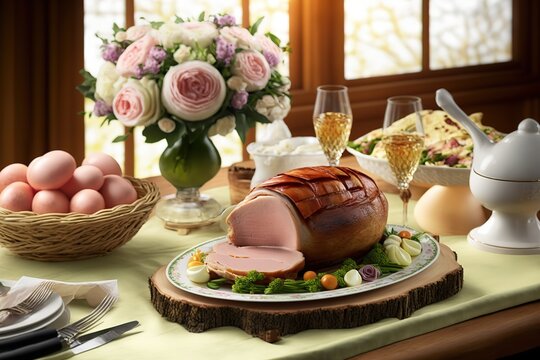 Easter Ham Dining Table stock photo Easter, Dinner, Table, Ham, Springtime