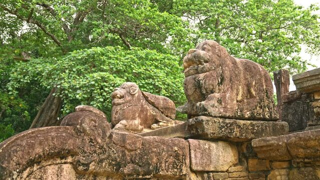 Two Lion Sculptures at the Council Chamber built at the time of King Parakramabahu, Polonnaruwa, Sri Lanka