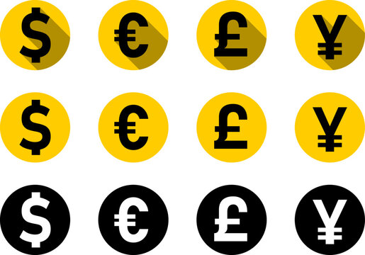 Selection of World Currencies Icon Set including US Dollar, Euro, British Pound Sterling, Japanese Yen or Chinese Yuan Coin Money Symbol. Vector Image.
