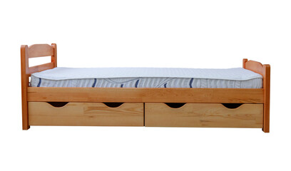 children's single bed with mattress and drawers, on isolated background