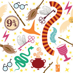 Magic items seamless pattern in flat style. Pumpkin, key, magic ball, feather, spider, purple hat, broom, skull, snake